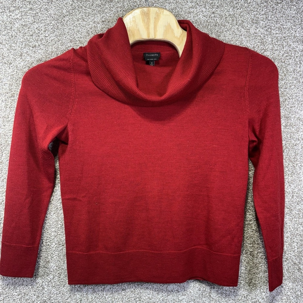 Talbots Sweater Womens Medium Red Merino Wool Cowl Neck Knit Pullover Top